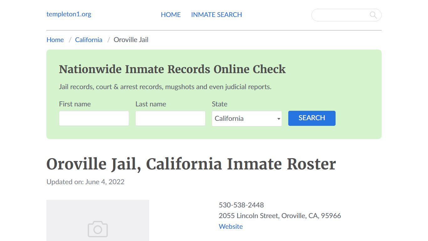 Oroville Jail, California Inmate Booking