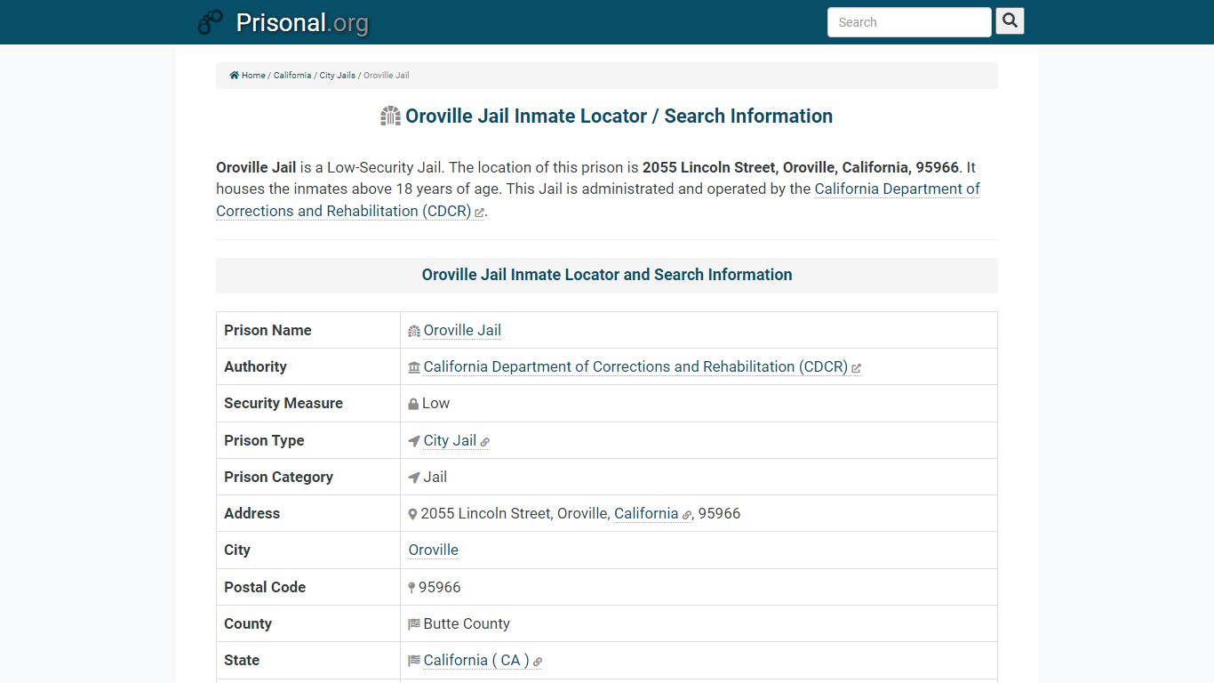 Oroville Jail-Inmate Locator/Search Info, Phone, Fax ...